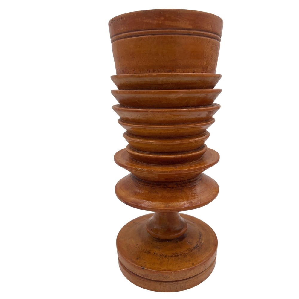 Vintage Hand Turned Tiered Ribbed Wood Vase MCM Pedestal Organic